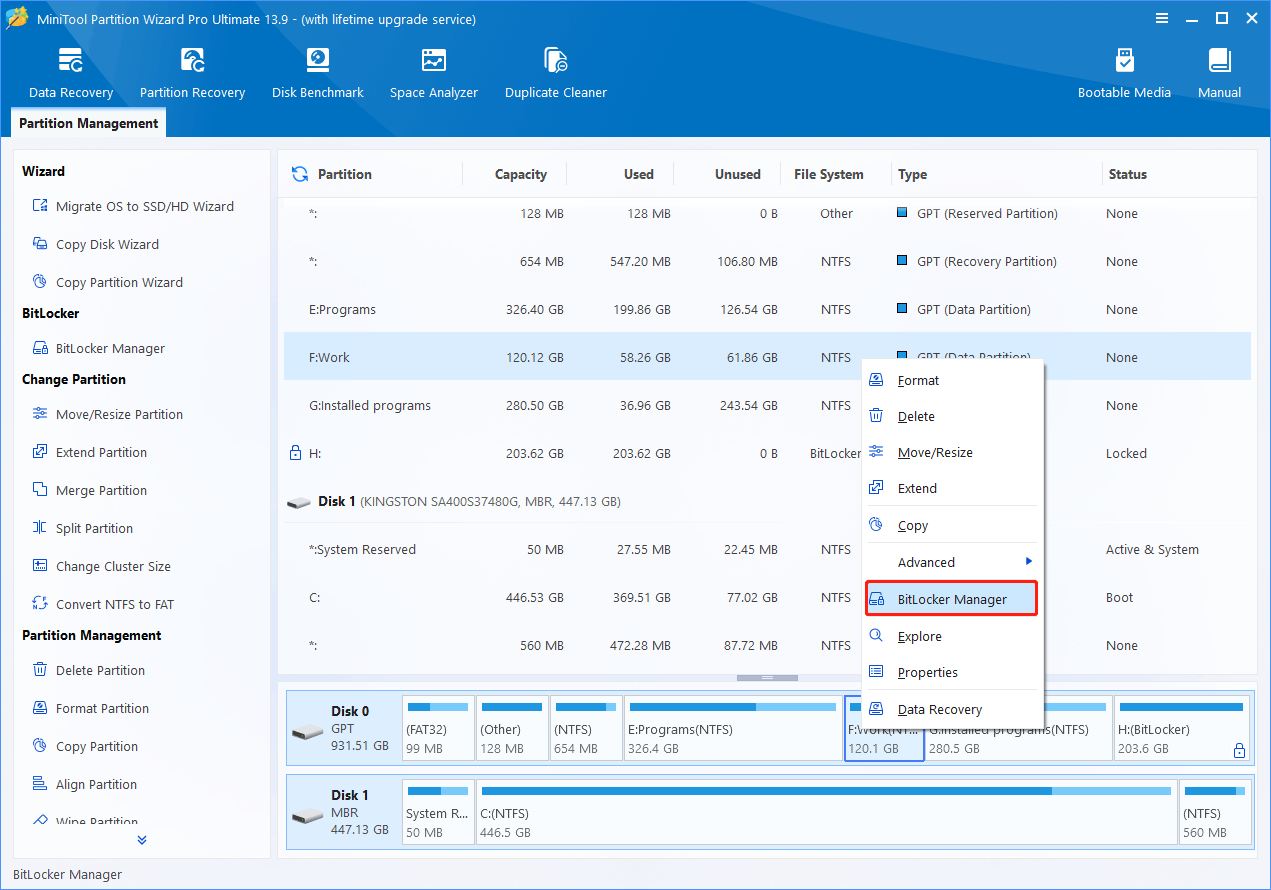 MiniTool Partition Wizard interface with BitLocker Manager from the right-click menu selected for the highlighted drive.