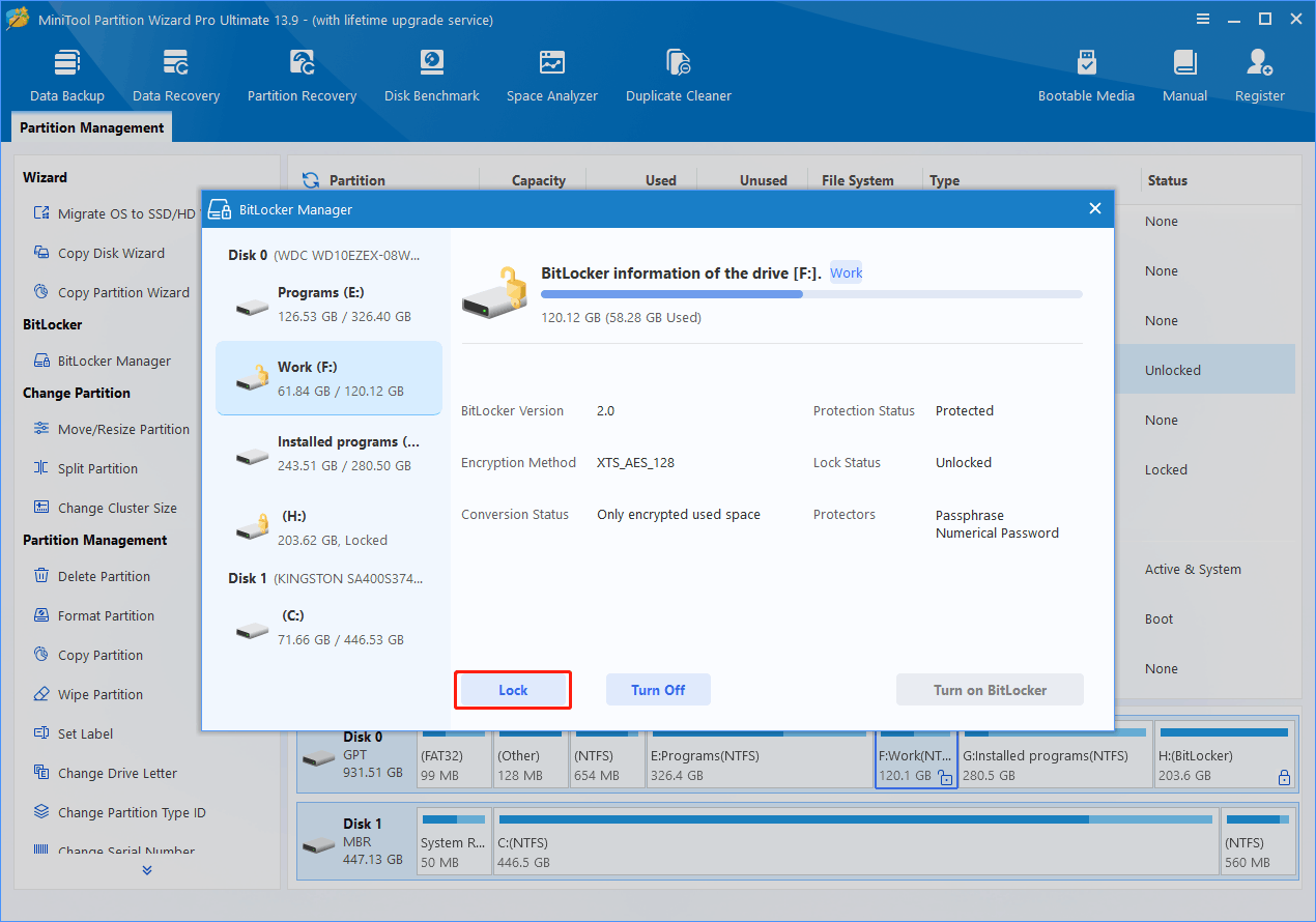 MiniTool Partition Wizard interface with BitLocker Manager window opened and the Lock button highlighted.