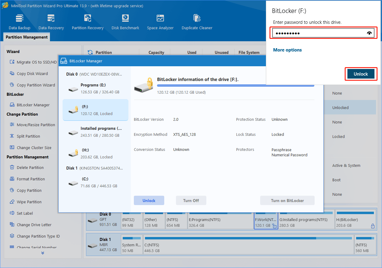 MiniTool Partition Wizard interface with BitLocker Manager window opened and a third window on the top-right side for password input.