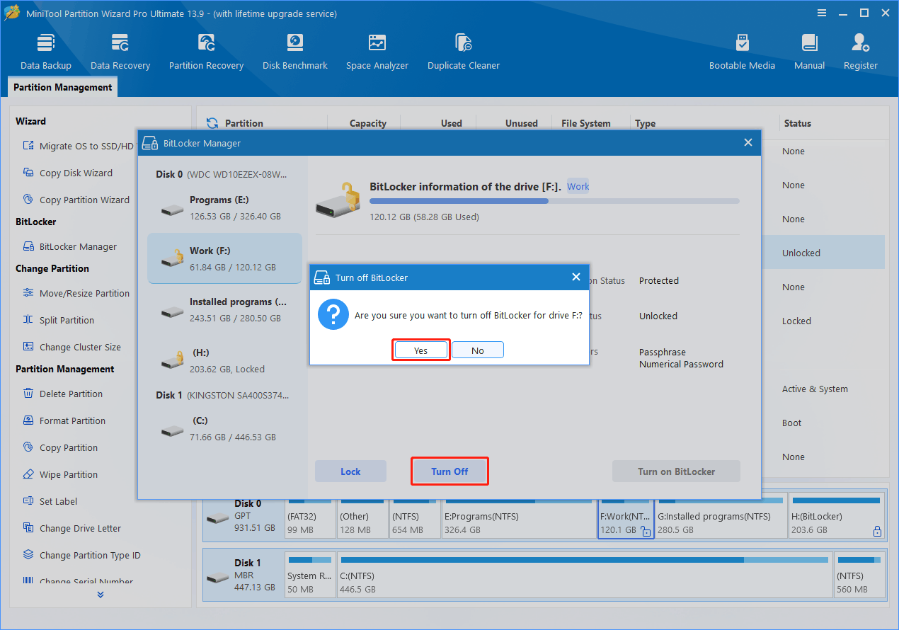 MiniTool Partition Wizard interface with BitLocker Manager window for confirming turning off BitLocker operation.