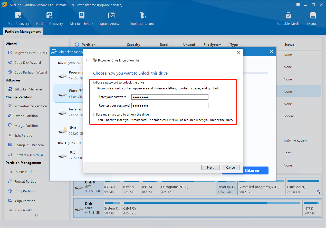 The BitLocker Drive Encryption window where to choose a method to unlock the drive.