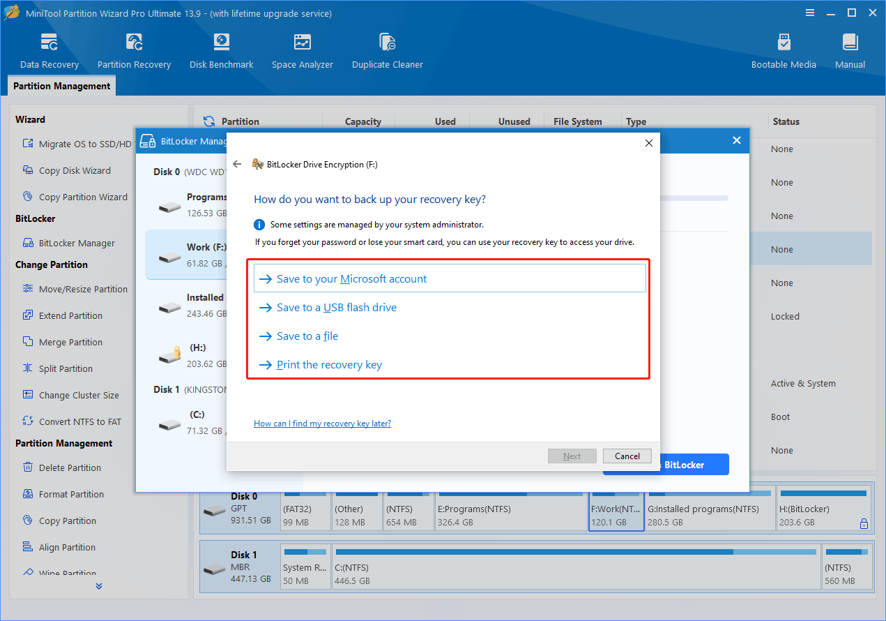 The BitLocker Drive Encryption window where to choose a method to save the recovery key.