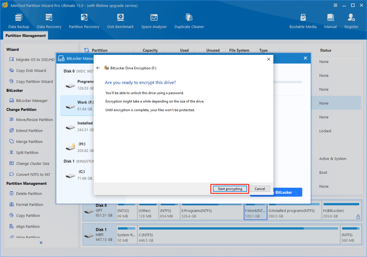 The BitLocker Drive Encryption window where the Start encrypting button is highlighted.