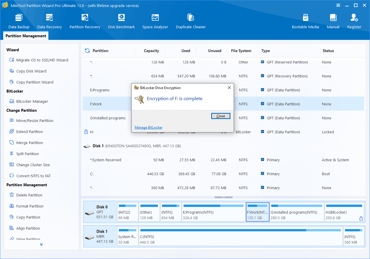 The BitLocker Drive Encryption window indicates the encryption is complete.