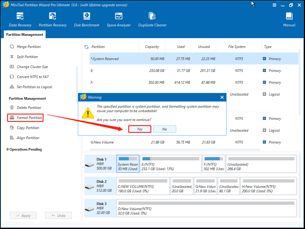 The MiniTool Partition Wizard main interface with the Format Partition and Yes options selected.