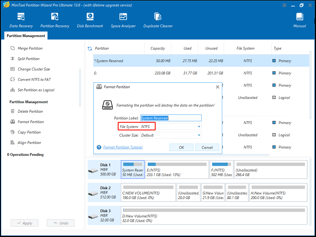 The MiniTool Partition Wizard main interface with the NTFS file system option selected.