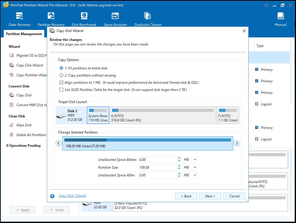 The MiniTool Partition Wizard interface with the Copy Disk Wizard window shown.
