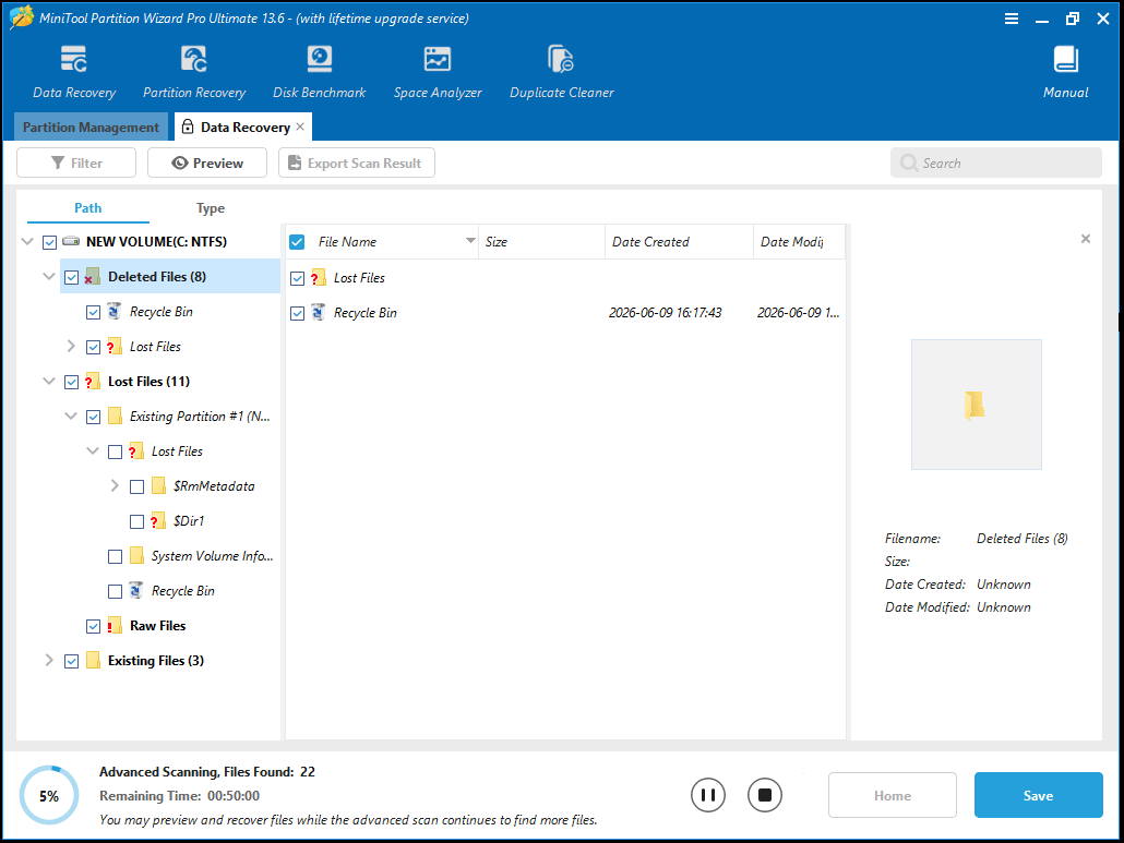The MiniTool Partition Wizard main interface with the Data Recovery scanning results shown.