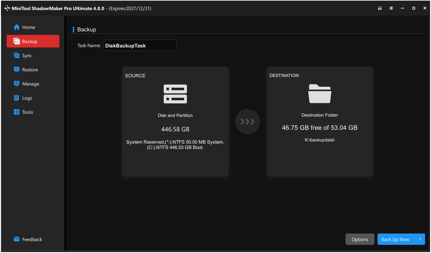 The MiniTool ShadowMaker interface with the Backup and Back Up Now options selected.