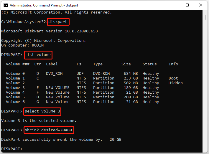 The DiskPart window with the shrink partition commands.