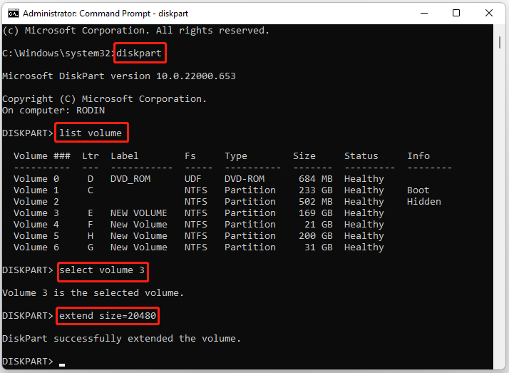 The DiskPart window with the extend partition commands.