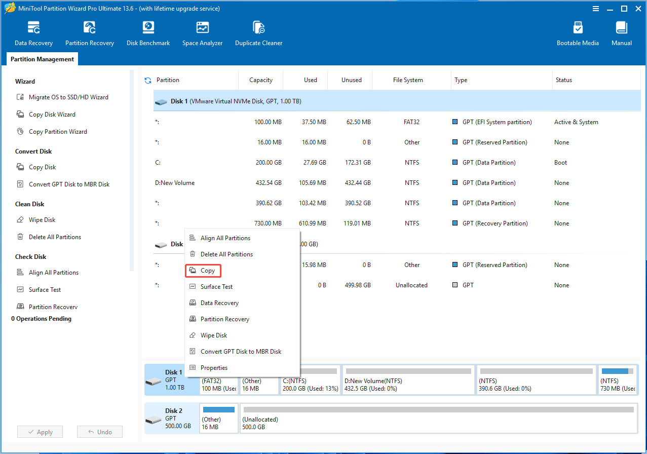 MiniTool Partition Wizard interface with the selected disk copy feature.