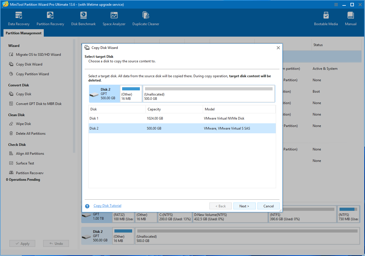 MiniTool Partition Wizard interface with the Copy Disk Wizard window asking you to select the target disk.