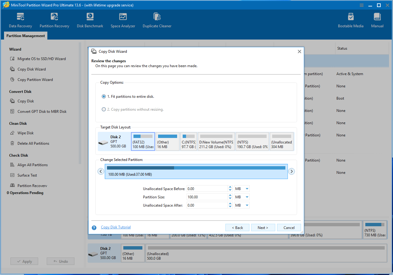 MiniTool Partition Wizard interface with the Copy Disk Wizard window asking you to review the changes.