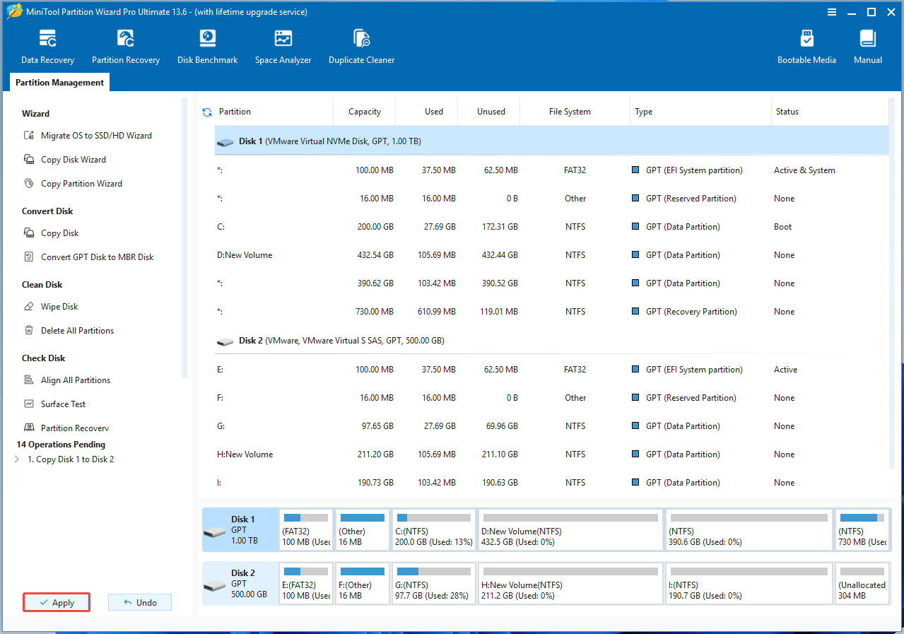MiniTool Partition Wizard interface with the selected Apply button.