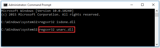 The Command Prompt interface, and type regsvr32 unarc dll command line.