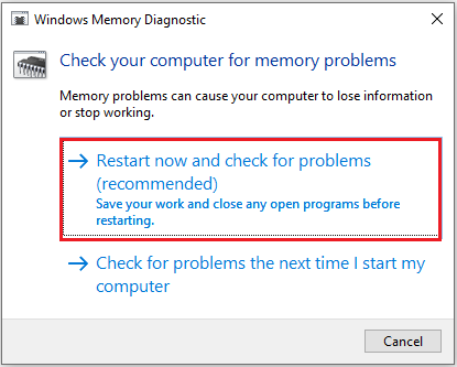 The Windows Memory Diagnostic interface with the selected the Restart now and check for problems option.