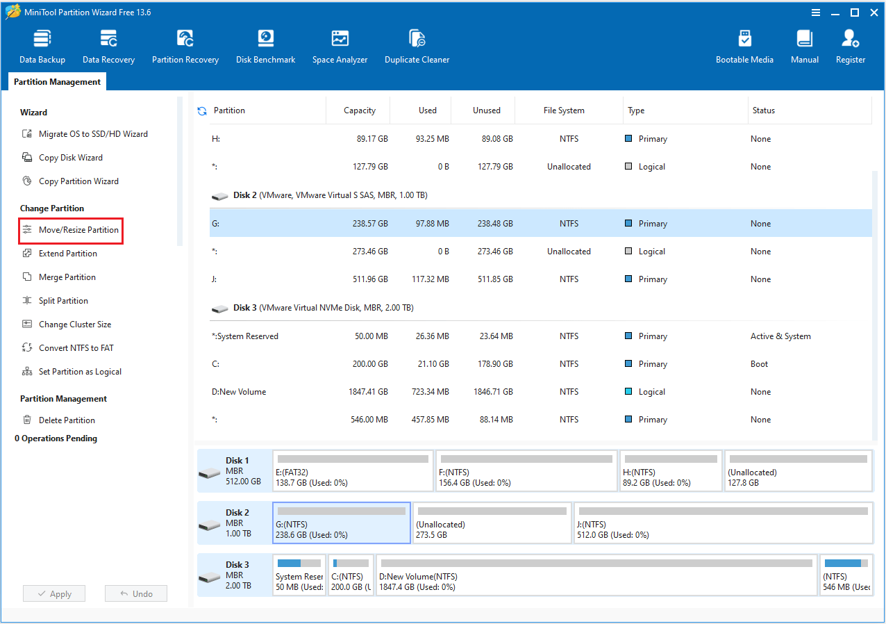 The MiniTool Partition Wizard interface with the selected Move Resize Partition option.