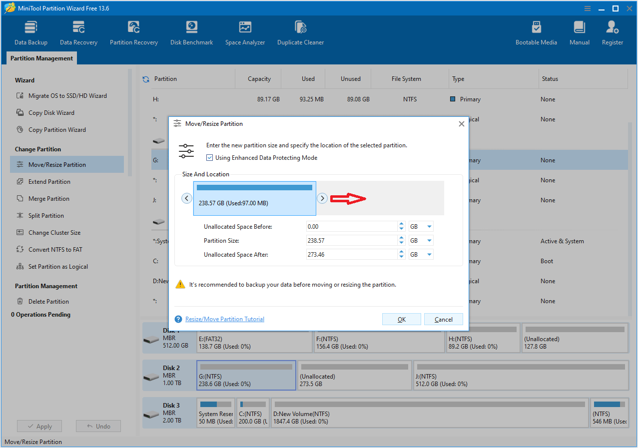 The MiniTool Partition Wizard interface with the selected OK option.
