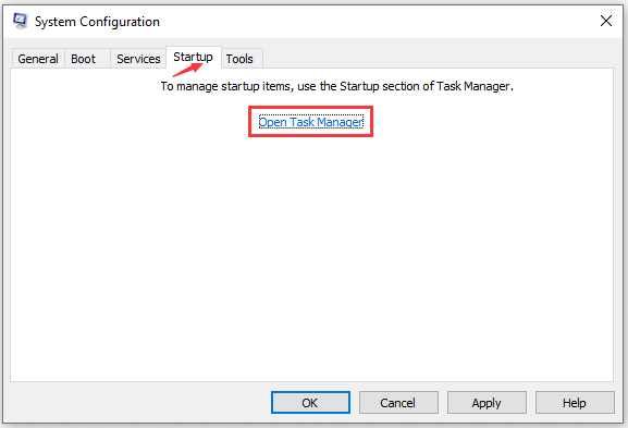 The System Configuration interface with the selected Open Task Manager option.