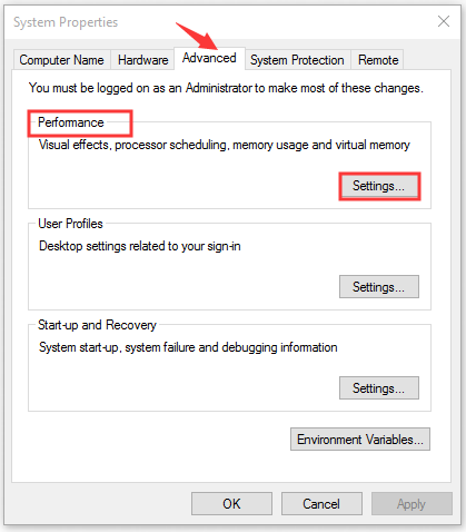 The System Properties interface with the selected Settings option.