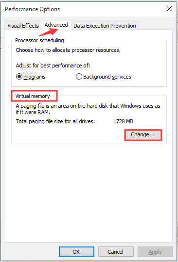 The Performance Options interface with the selected Change option.
