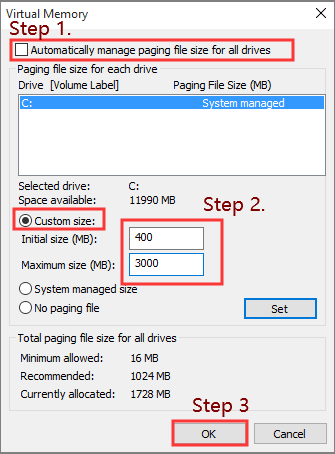 The Virtual Memory interface with the selected OK option.