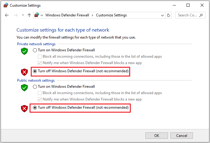 The Customize Settings interface with the selected OK option.
