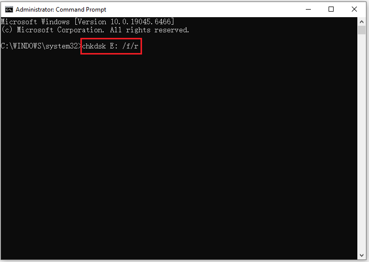 The Command Prompt interface with the chkdsk command line.