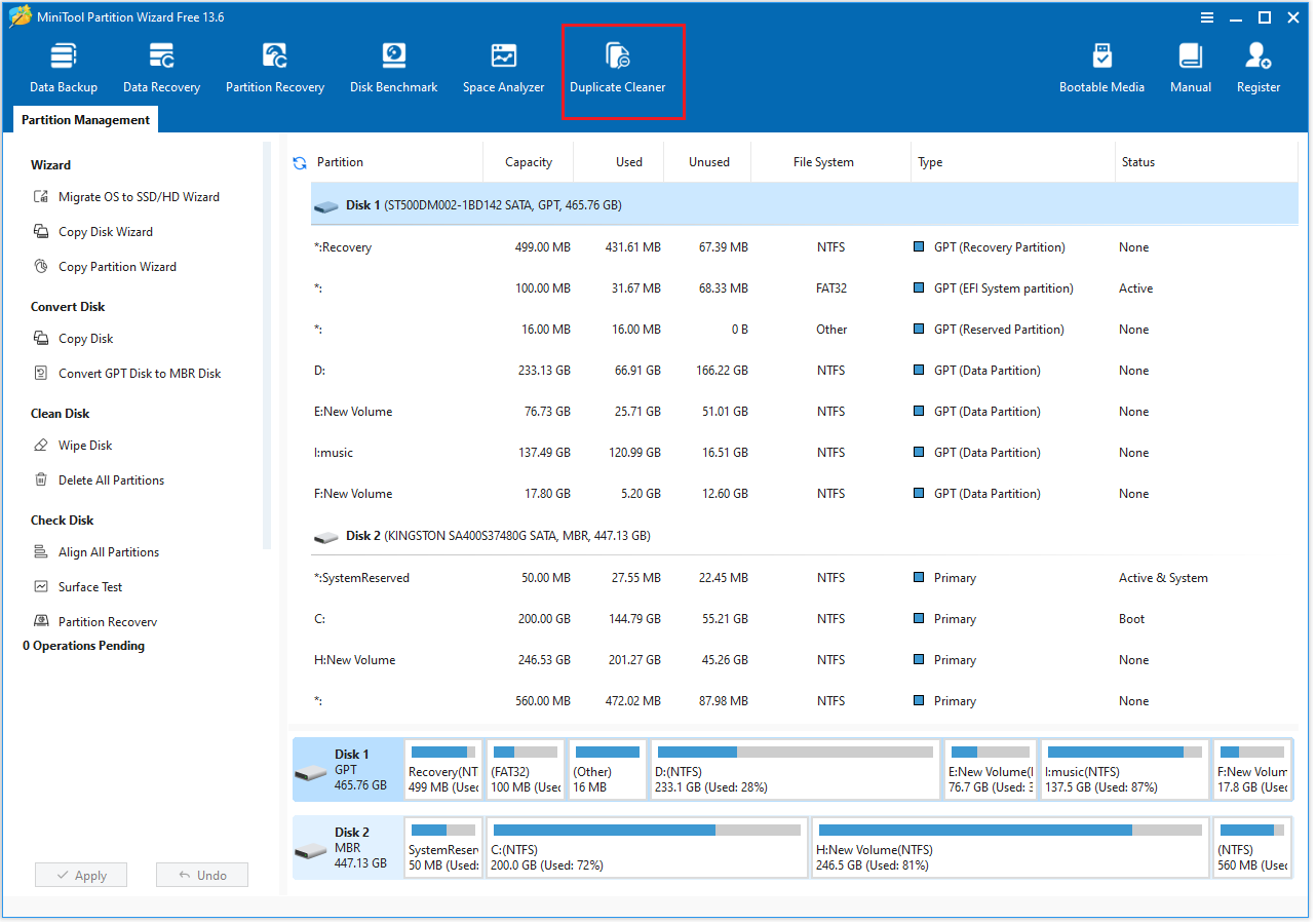 The MiniTool Partition Wizard interface with the selected Duplicate Cleaner option.