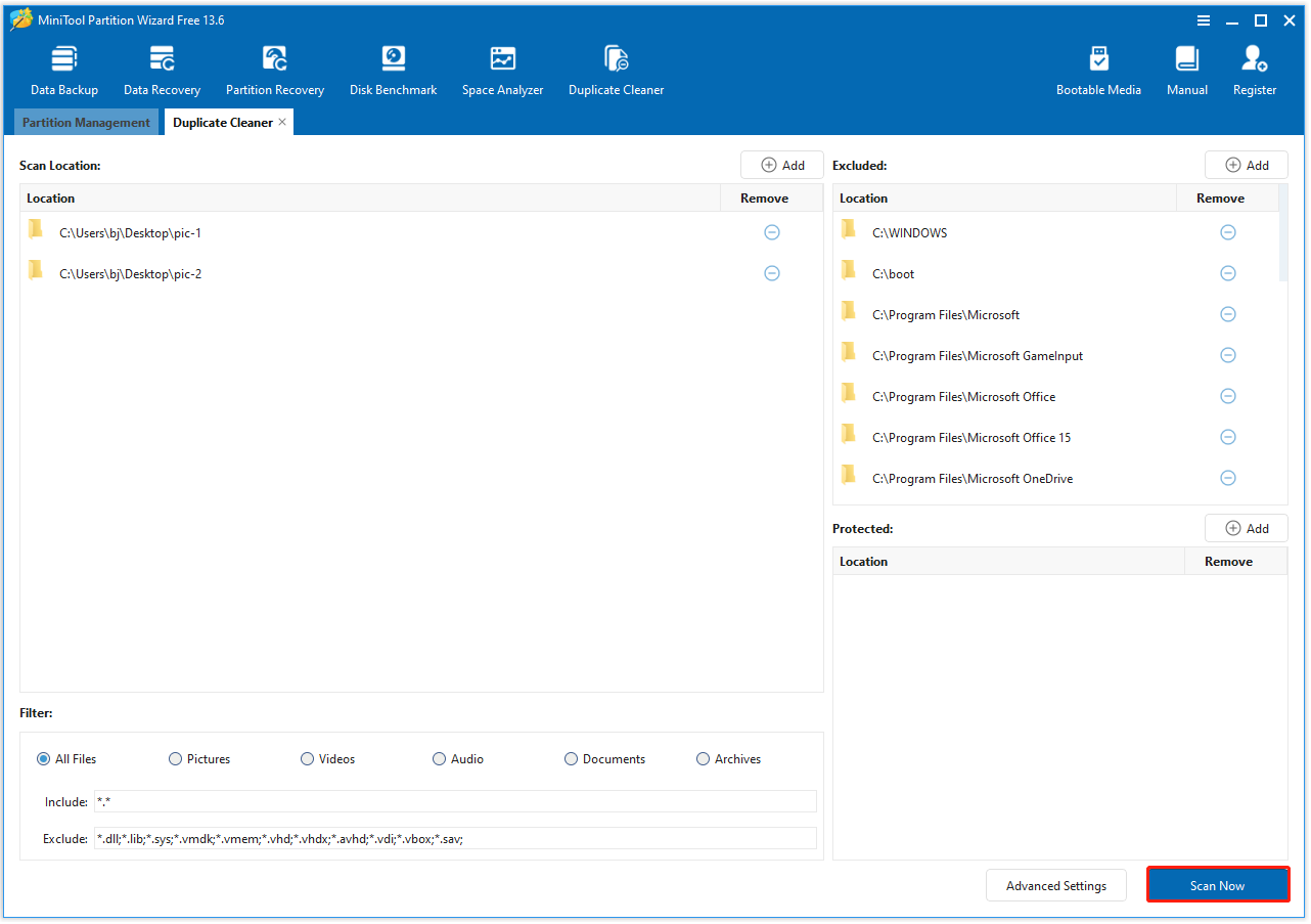 The Duplicate Cleaner interface with the selected Scan Now option.