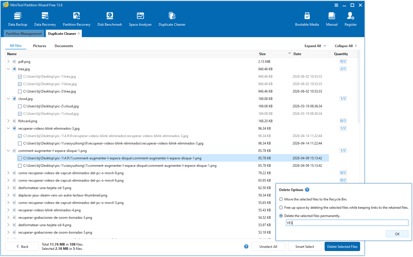 The Delete Selected Files and OK option selected in the bottom right corner of the MiniTool Partition Wizard interface.