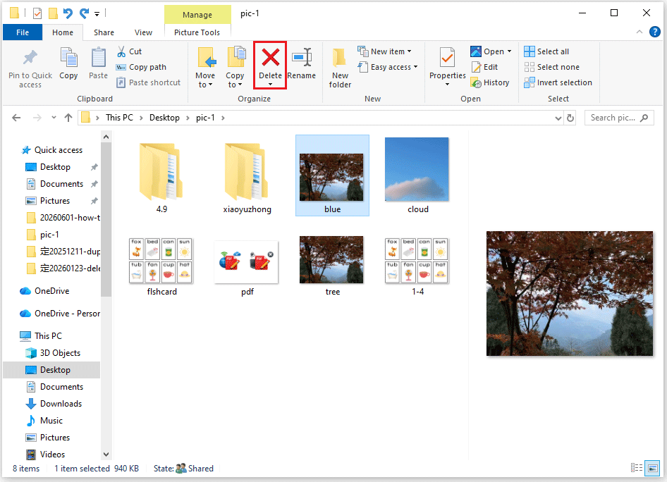 The File Explorer interface with the selected Delete icon.