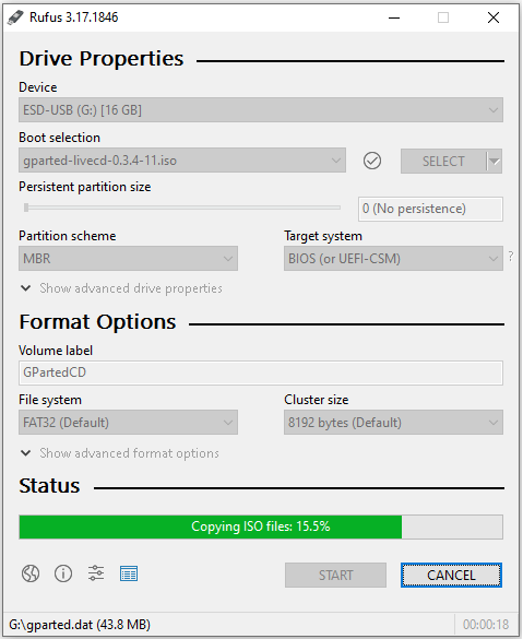 The Rufus interface with the selected USB device.