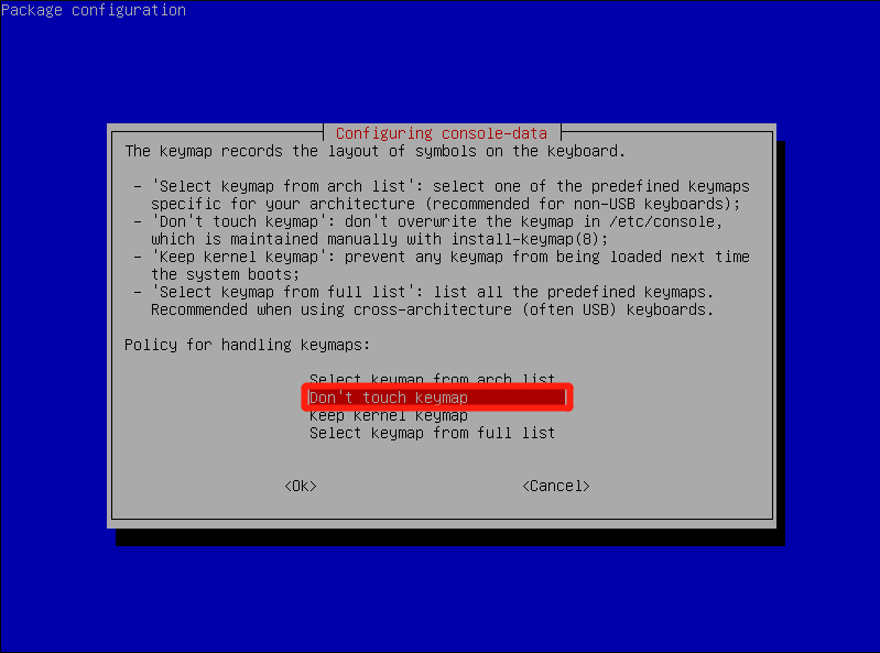 The Configuring console data interface with the selected Dont touch keymap option.