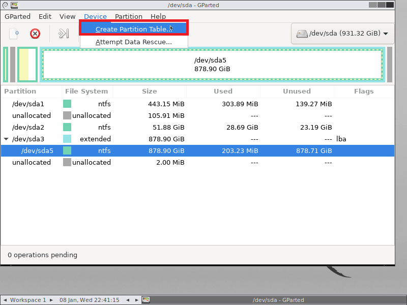 The GParted interface with the selected Create Partition Table option.
