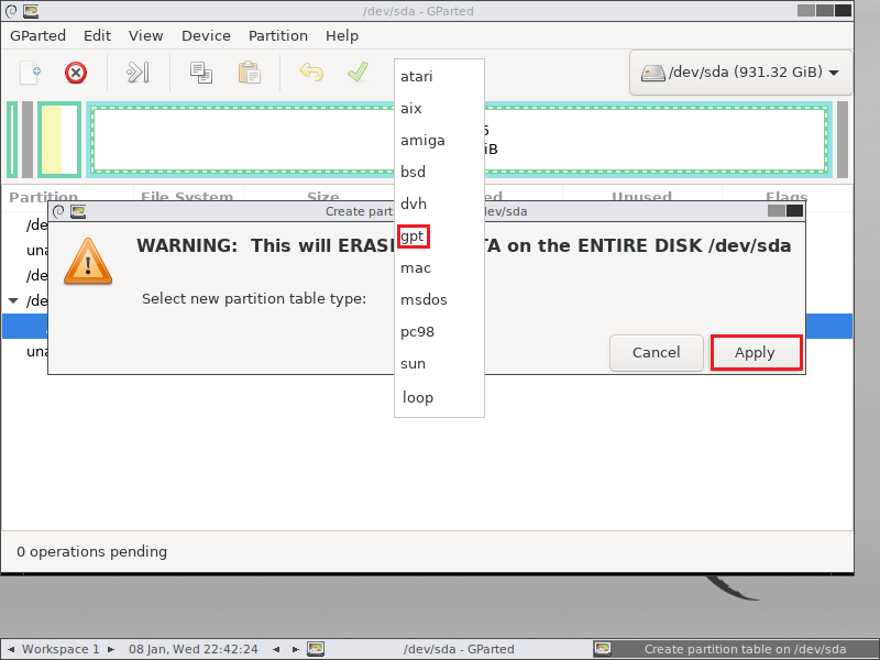 The GParted interface with the selected gpt and then Apply option.