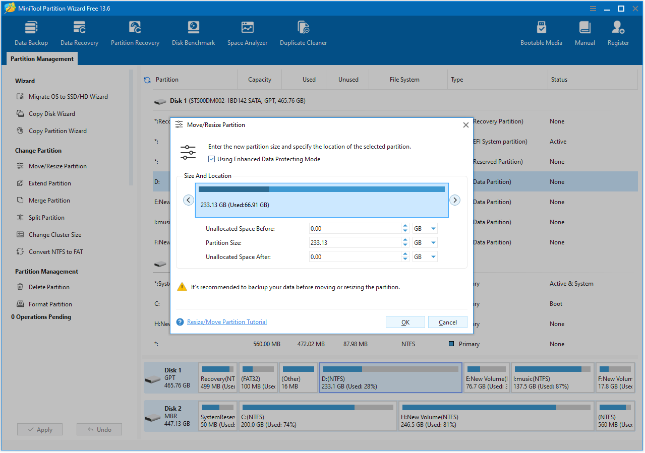 The Move or Resize Partition interface to move, extend, or shrink a partition.