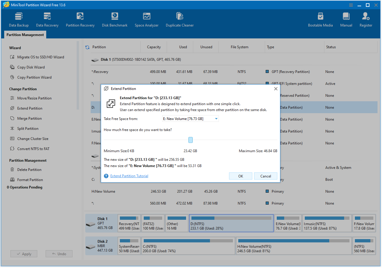 The MiniTool Partition Wizard interface with the selected Extend feature.