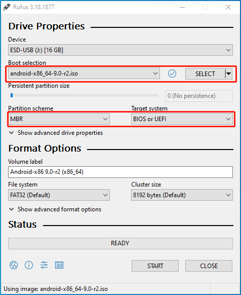 The Rufus Drive Properties interface with the selected partition scheme.