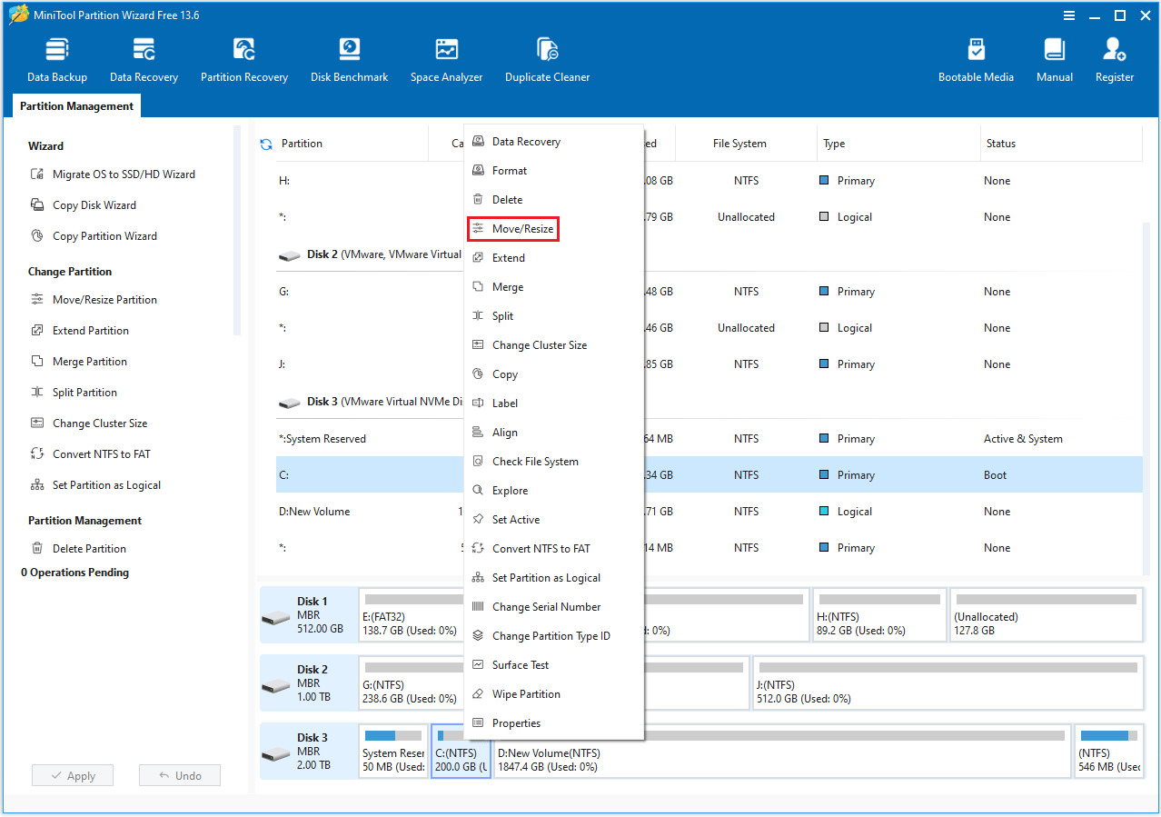 The MiniTool Partition Wizard interface with the selected Move or Resize option.