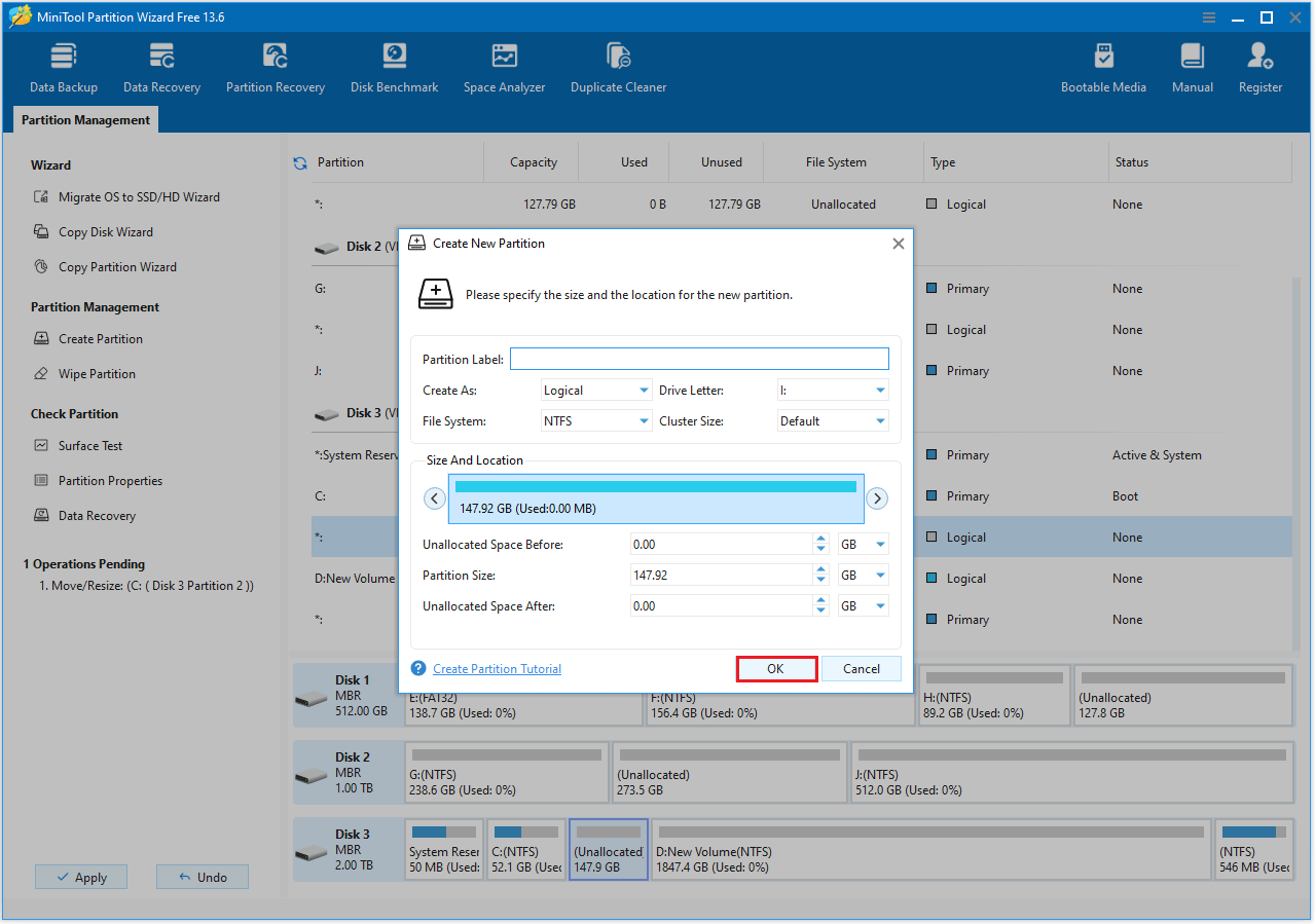 The Create New Partition interface with the selected OK option.