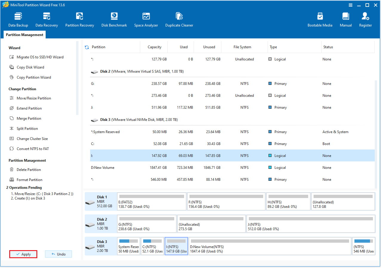 The MiniTool Partition Wizard interface with the selected Apply option.