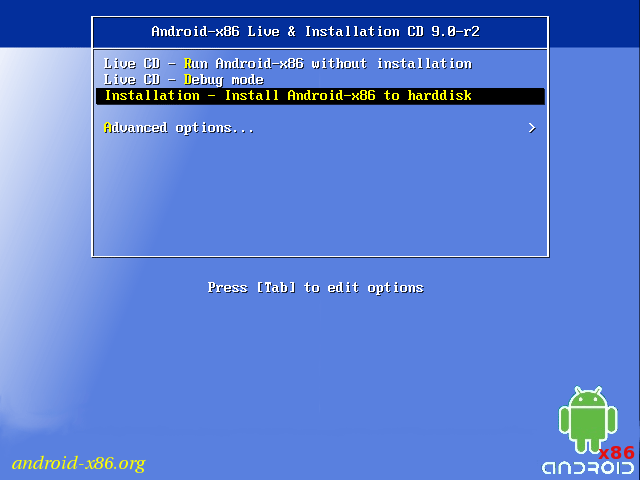The Android interface with the selected Installation option.