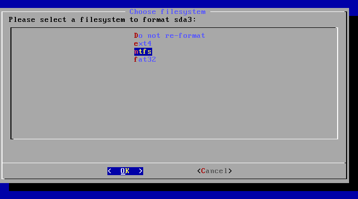 The Choose filesystem interface with the selected ntfs option.