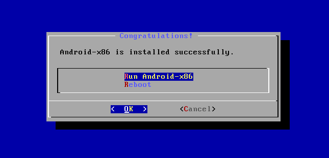 The Run Android x86 interface with the selected OK.