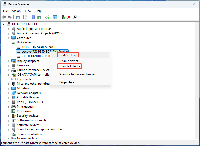Device Manager interface with the expanded Disk drives directory and the selected Update driver and Uninstall device options.