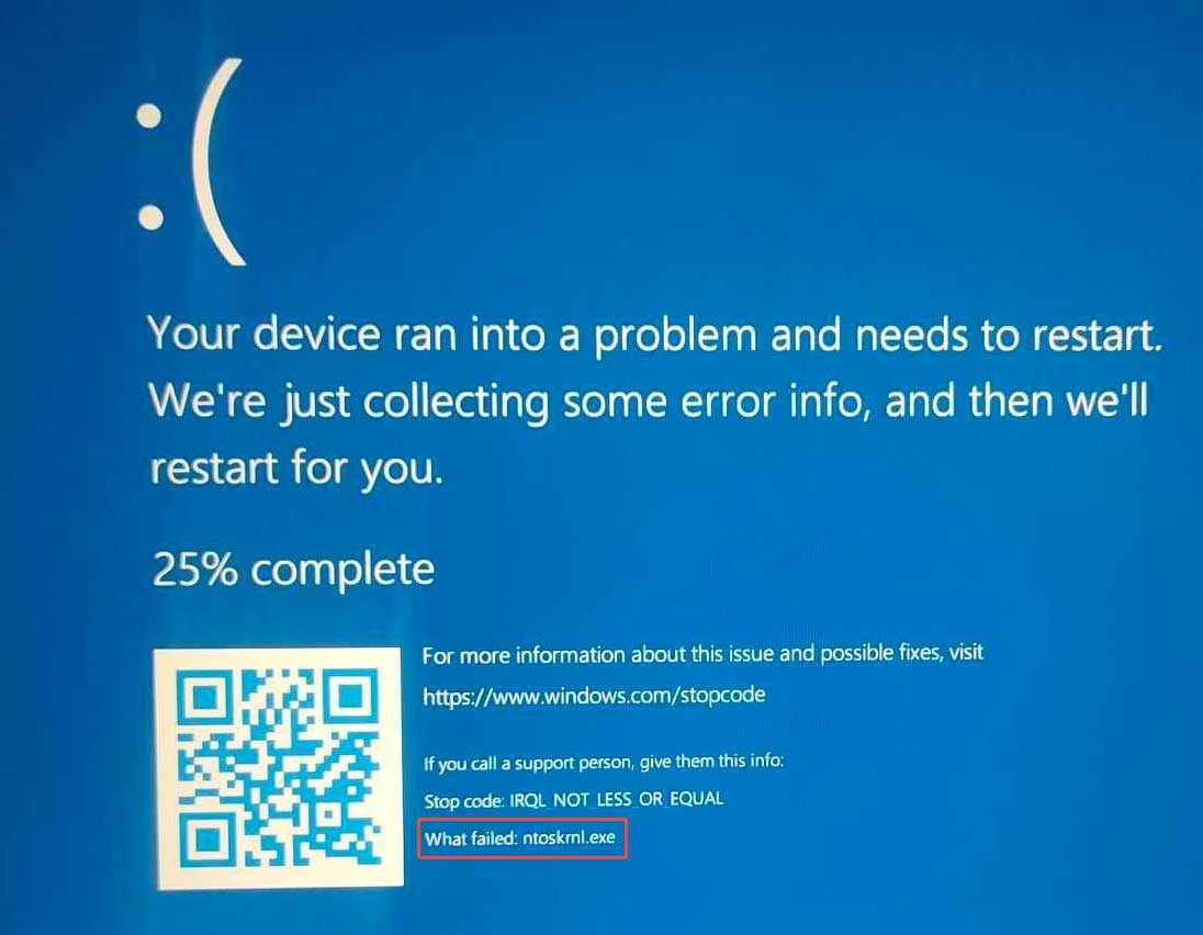 BSOD image with the ntoskrnl.exe failed message.