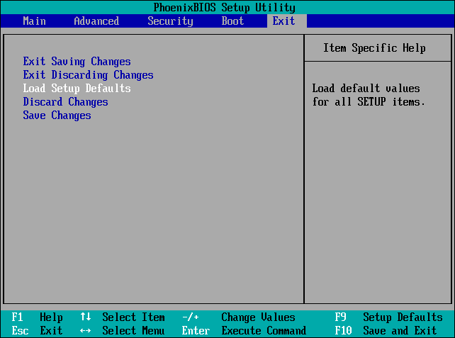 The selected Load Setup Defaults option in the firmware.