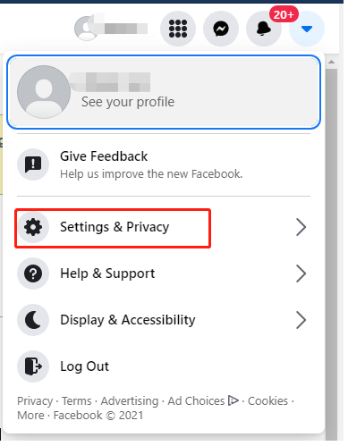 The Facebook interface with the selected Settings and Privacy option.